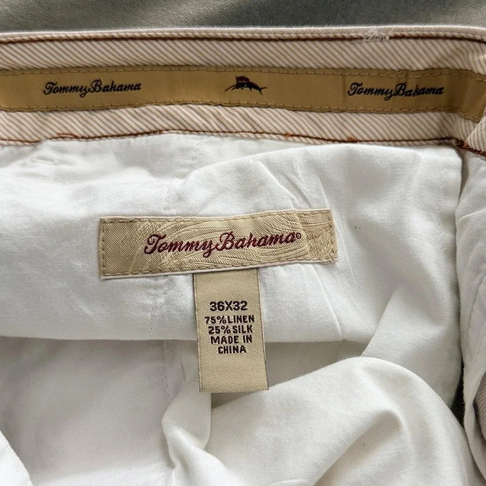 Tommy Bahama Dress Pants Mens 36x32 Beige Linen Silk Pleated Herringbone Summer